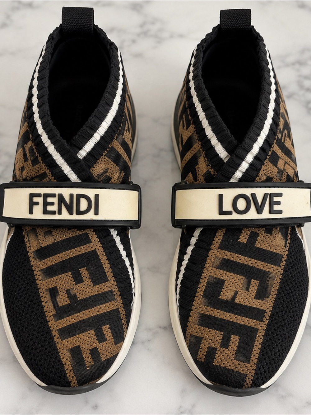 Fendi Black & Brown Monogram Knit Slip-On Sneaker with Logo Strap